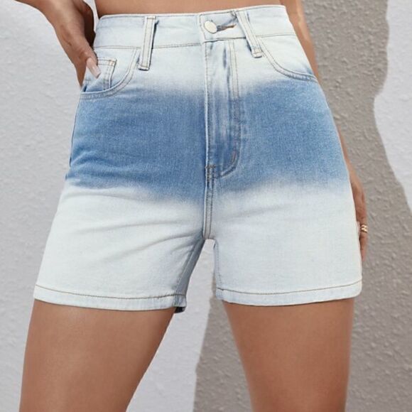 NEW! Cute Ombre High Waist Color Block Denim Blue Jean Shorts - Picture 2 of 4